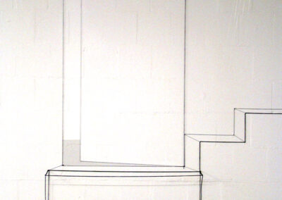 A door going to anywhere, steps, drawn in the room with black wool thread, pigment, soil