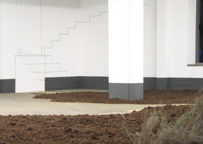 "Please, take a seat", soil and plants next to a door and steps made of black wool thread an nylon thread